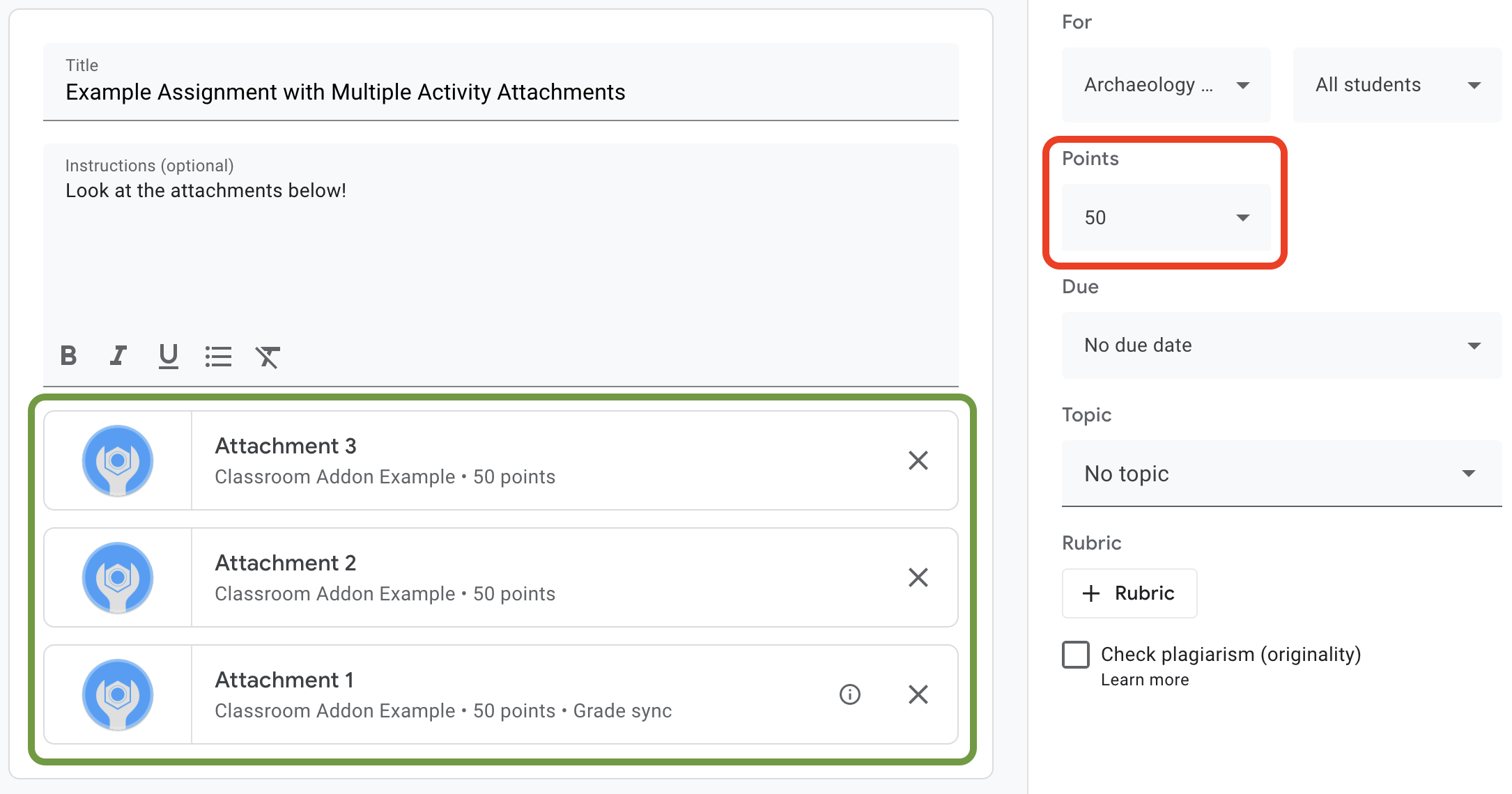 Esempio di più allegati con maxPoints in un unico compito