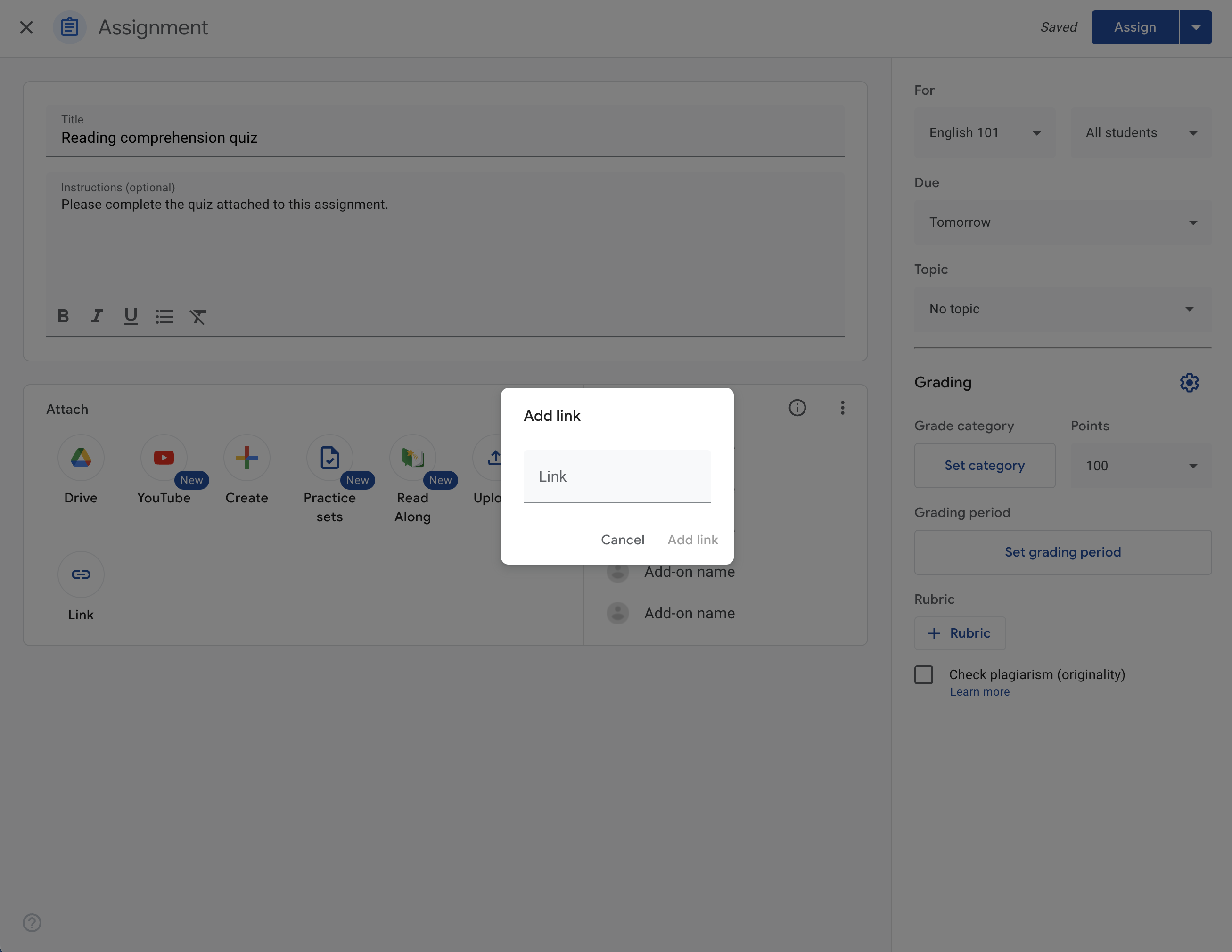 Nauczyciel dodaje link do załącznika do projektu