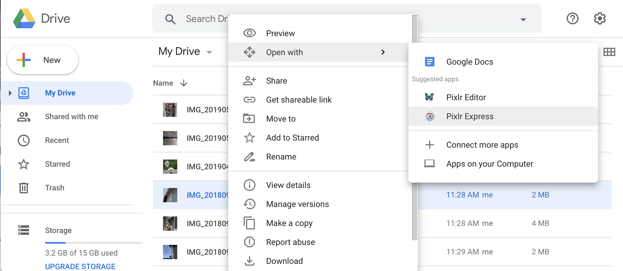 Google Drive kullanıcı arayüzleri, &quot;Birlikte aç&quot; menü öğesiyle açılıyor