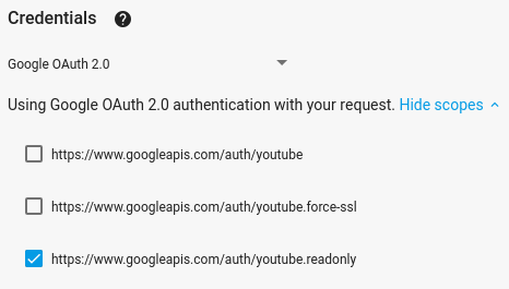 Hình ảnh cho thấy các phạm vi trong APIs Explorer ở chế độ toàn màn hình và lựa chọn sử dụng thông tin xác thực "Google OAuth 2.0" đã chọn.