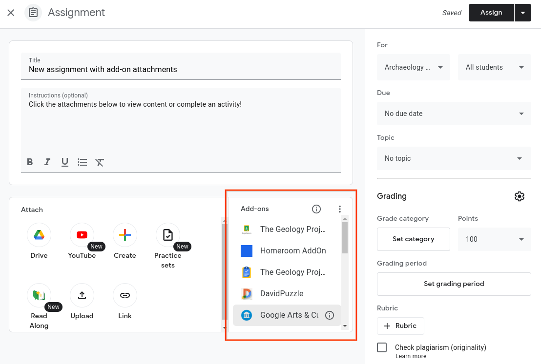 View of an assignment creation including the possible
add-on options a teacher can
attach